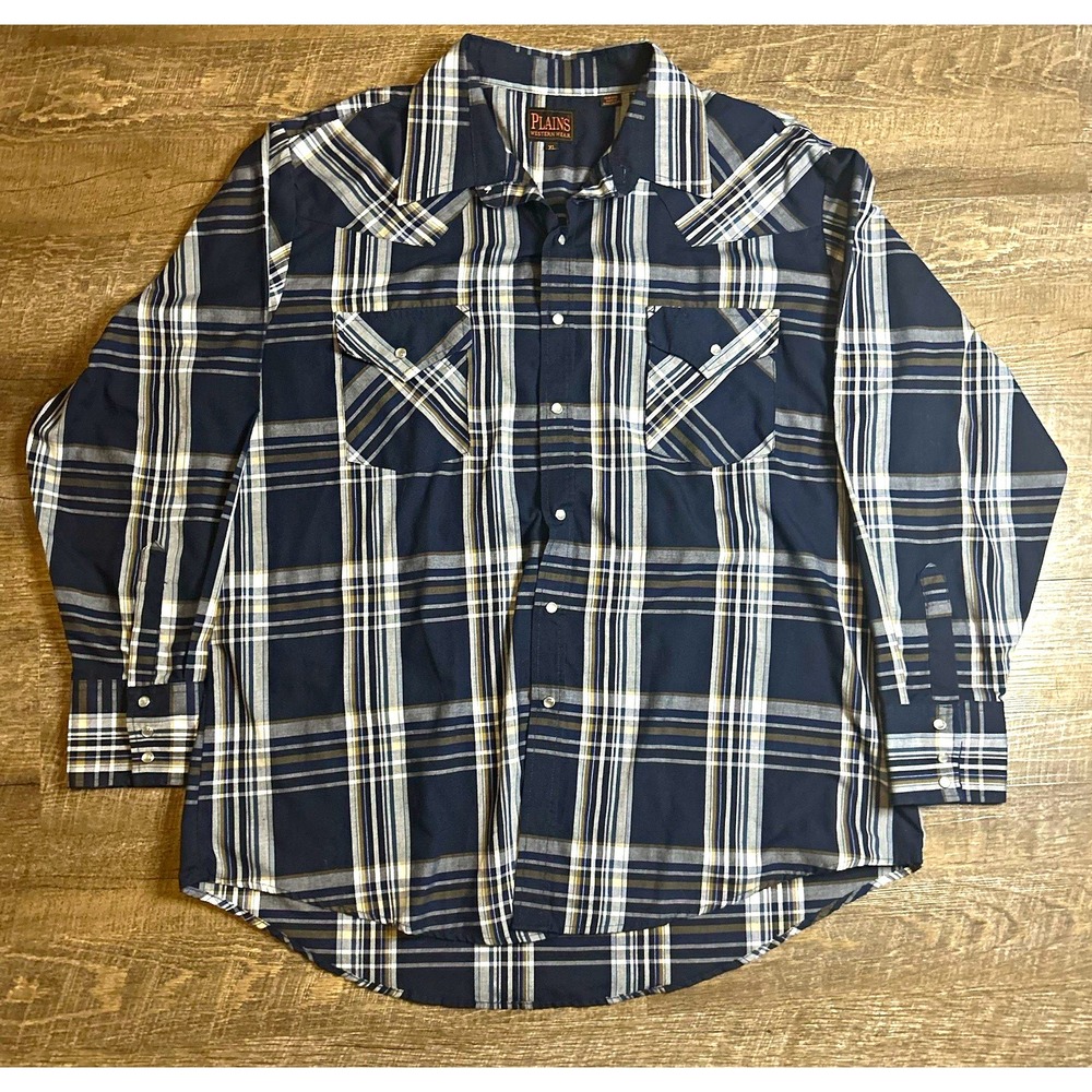 Plains Western Wear Mens XL Navy Long Sleeve Plaid Pearl Snap Shirt Rodeo Cowboy